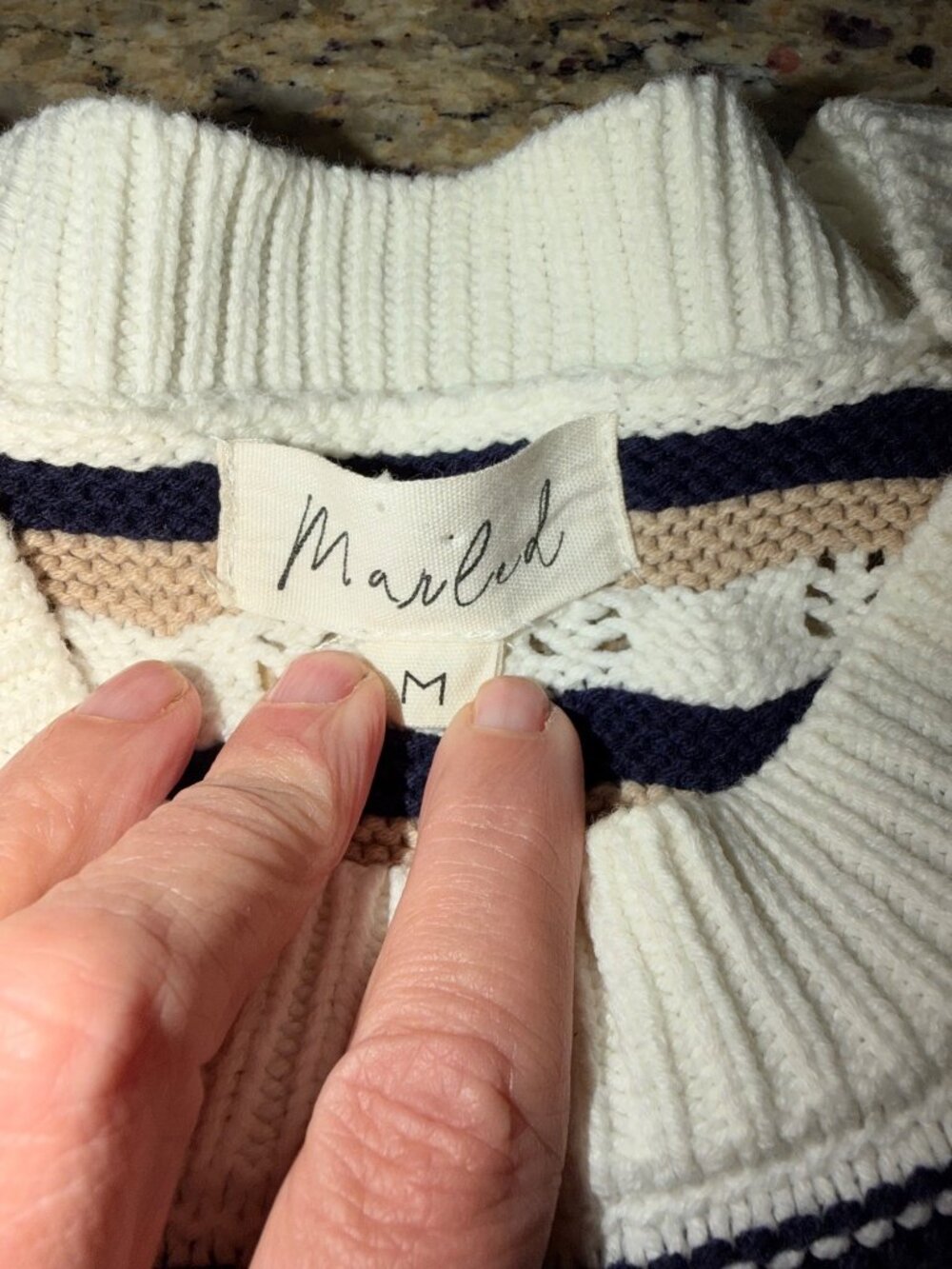 Marled Women Knit Short Sleeve Sweater M Beige Navy White Stripe Nautical Preppy - Picture 10 of 12